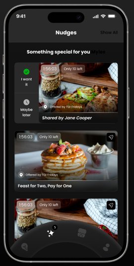 Dine Savvy app showing Nudges screen with food deals